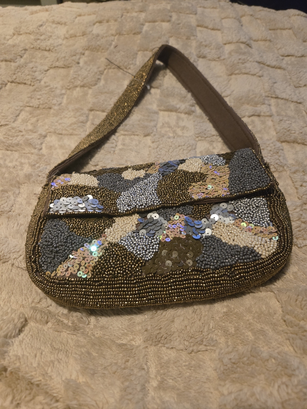 Beaded Sequin Shoulder Bag in Gold and Gray